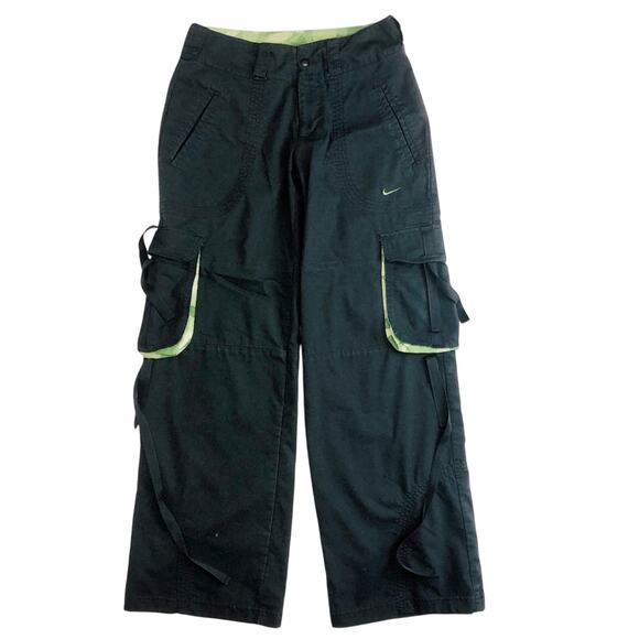 Y2k Vintage Nike Dri Fit Black Cargo Pants Green Camo Trim Roll Cuffs Pockets - Picture 16 of 16